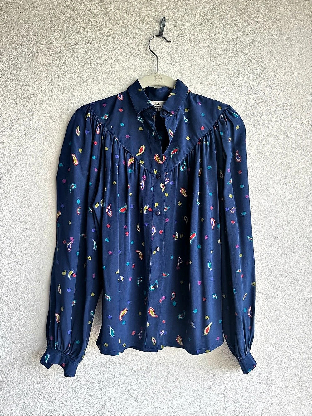 Vintage Christian Dior Silk Paisley Blouse in Blue Size Medium
